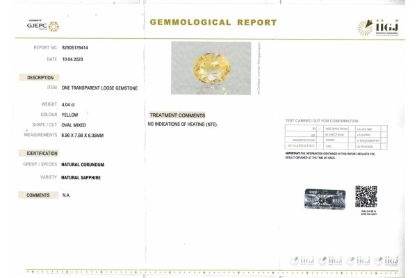 IIGJ Research & Laboratories | GJEPC Report for 4.04 cts Unheated Natural Yellow Sapphire (Pukhraj)