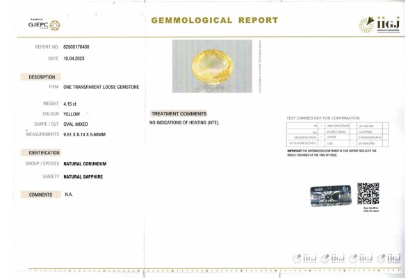 IIGJ Research & Laboratories | GJEPC Report for 4.15 cts Unheated Natural Yellow Sapphire (Pukhraj)