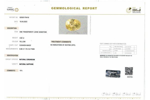 IIGJ Research & Laboratories | GJEPC Report for 4.62 cts Unheated Natural Yellow Sapphire (Pukhraj)