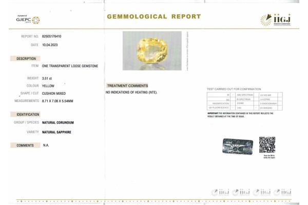 IIGJ Research & Laboratories | GJEPC Report for 3.51 cts Unheated Natural Yellow Sapphire (Pukhraj)