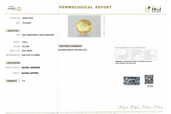IIGJ Research & Laboratories | GJEPC Report for 3.55 cts Unheated Natural Yellow Sapphire (Pukhraj)