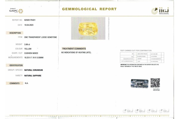 IIGJ Research & Laboratories | GJEPC Report for 3.99 cts Unheated Natural Yellow Sapphire (Pukhraj)