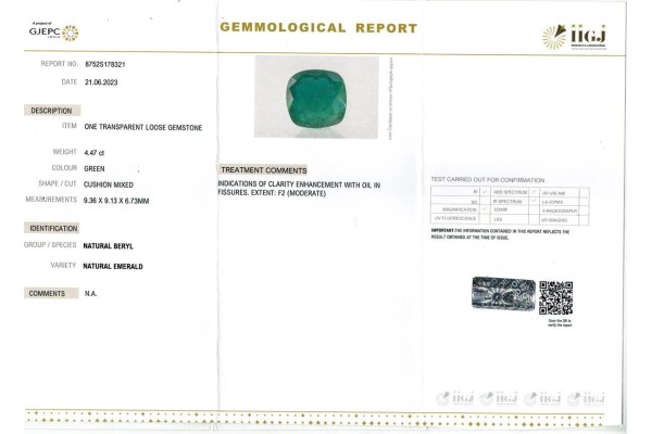 IIGJ Research & Laboratories | GJEPC Report for 4.47 cts Natural Emerald (Panna)