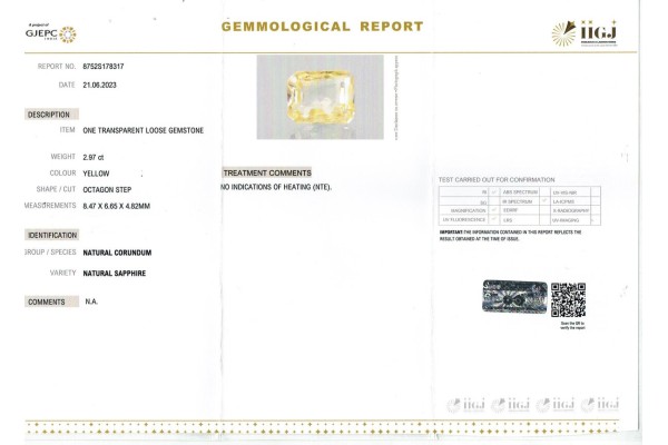 IIGJ Research & Laboratories | GJEPC Report for 2.97 cts Unheated Natural Yellow Sapphire (Pukhraj)