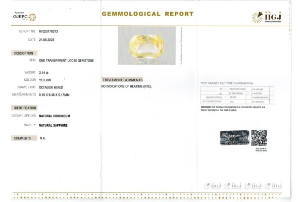 IIGJ Research & Laboratories | GJEPC Report for 3.14 cts Unheated Natural Yellow Sapphire (Pukhraj)
