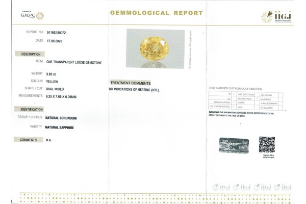 IIGJ Research & Laboratories | GJEPC Report for 3.65 cts Unheated Natural Yellow Sapphire (Pukhraj)