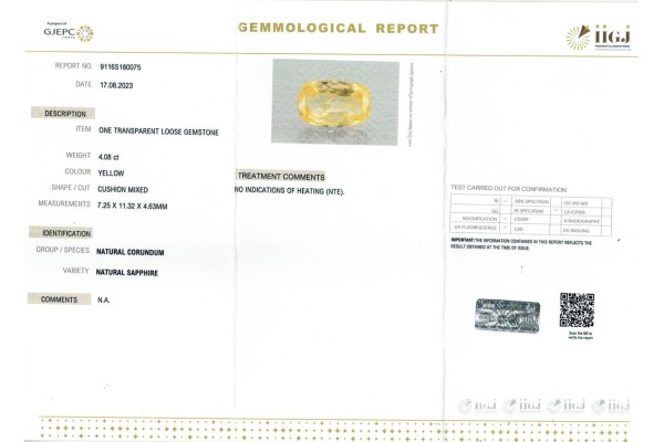 IIGJ Research & Laboratories | GJEPC Report for 4.08 cts Unheated Natural Yellow Sapphire (Pukhraj)