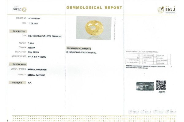 IIGJ Research & Laboratories | GJEPC Report for 5.03 cts Unheated Natural Yellow Sapphire (Pukhraj)