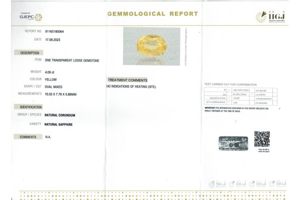 IIGJ Research & Laboratories | GJEPC Report for 4.09 cts Unheated Natural Yellow Sapphire (Pukhraj)
