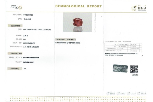 IIGJ Research & Laboratories | GJEPC Report for 2.06 cts Unheated Natural Ruby (Manikya)