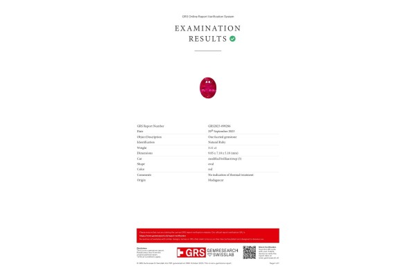 Gem Research SwissLab Report for 3.11 cts Unheated Natural Ruby - Madagascar (Manikya)