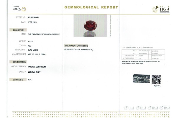 IIGJ Research & Laboratories | GJEPC Report for 3.11 cts Unheated Natural Ruby - Madagascar (Manikya)