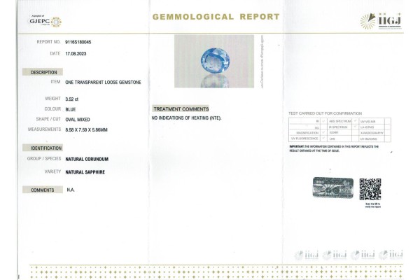 IIGJ Research & Laboratories | GJEPC Report for 3.52 cts Unheated Natural Blue Sapphire (Neelam)