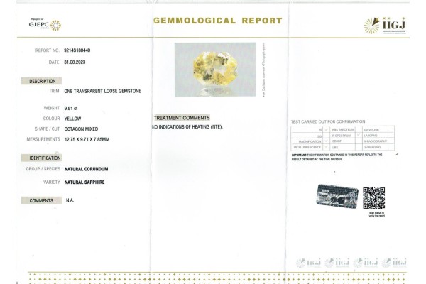 IIGJ Research & Laboratories | GJEPC Report for 9.51 cts Unheated Natural Yellow Sapphire (Pukhraj)