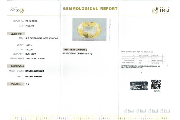 IIGJ Research & Laboratories | GJEPC Report for 10.75 cts Unheated Natural Yellow Sapphire (Pukhraj)