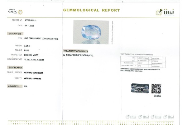 IIGJ Research & Laboratories | GJEPC Report for 3.54 cts Unheated Natural Blue Sapphire (Neelam)