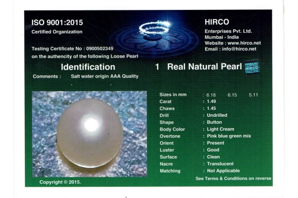 HIRCO Enterprises Pvt Ltd Report for 1.49 cts Natural Pearl (Moti)