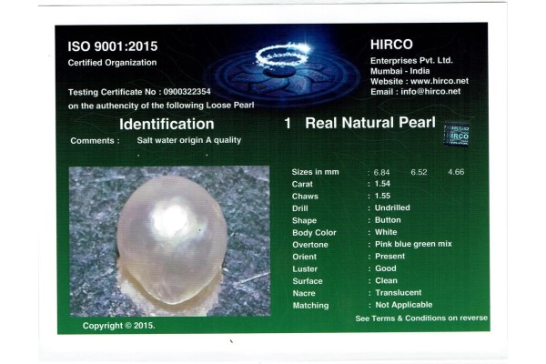 HIRCO Enterprises Pvt Ltd Report for 1.54 cts Natural Pearl (Moti)
