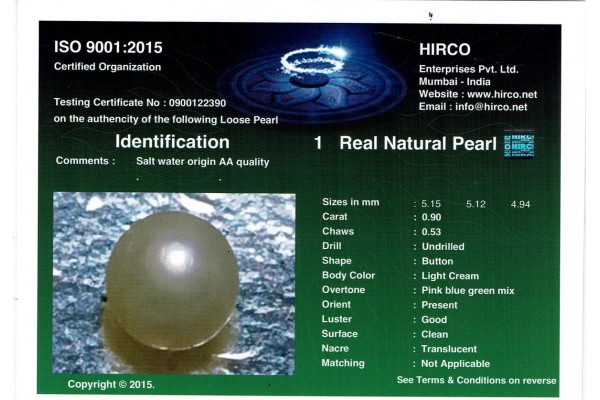 HIRCO Enterprises Pvt Ltd Report for .9 ct Natural Pearl (Moti)