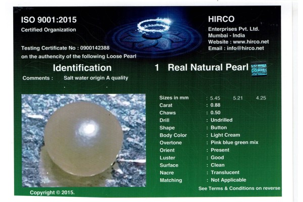 HIRCO Enterprises Pvt Ltd Report for .88 ct Natural Pearl (Moti)