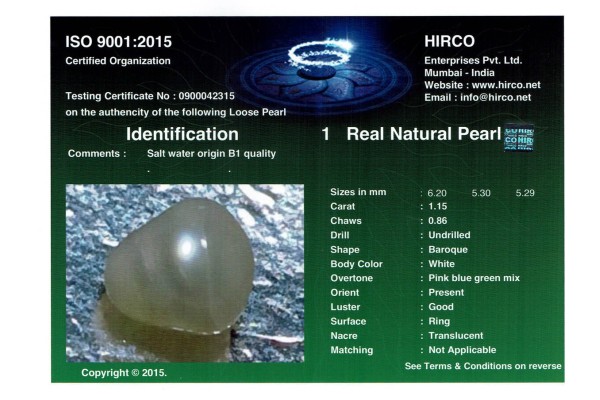 HIRCO Enterprises Pvt Ltd Report for 1.15 cts Natural Pearl (Moti)