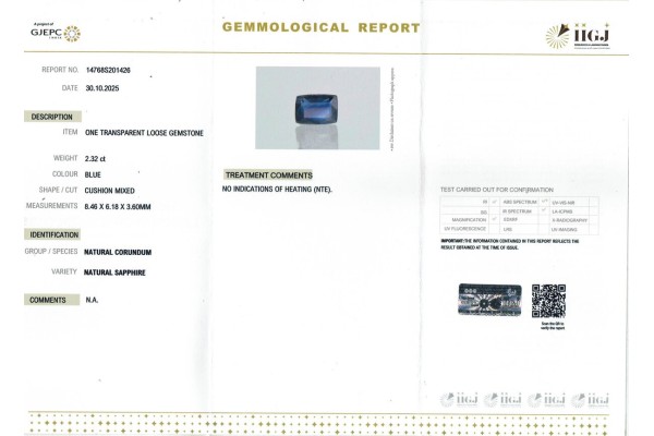 IIGJ Research & Laboratories | GJEPC Report for 2.32 cts Unheated Natural Blue Sapphire (Neelam)
