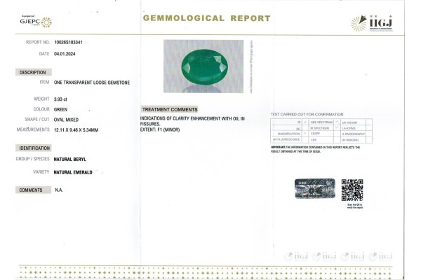 IIGJ Research & Laboratories | GJEPC Report for 3.93 cts Natural Emerald (Panna)