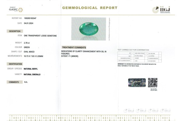 IIGJ Research & Laboratories | GJEPC Report for 2.78 cts Natural Emerald (Panna)