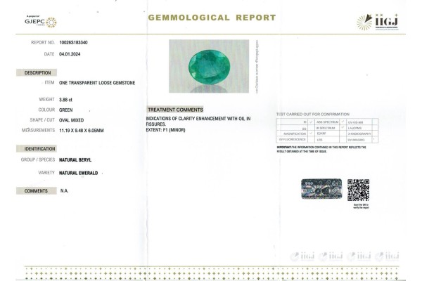 IIGJ Research & Laboratories | GJEPC Report for 3.88 cts Natural Emerald (Panna)