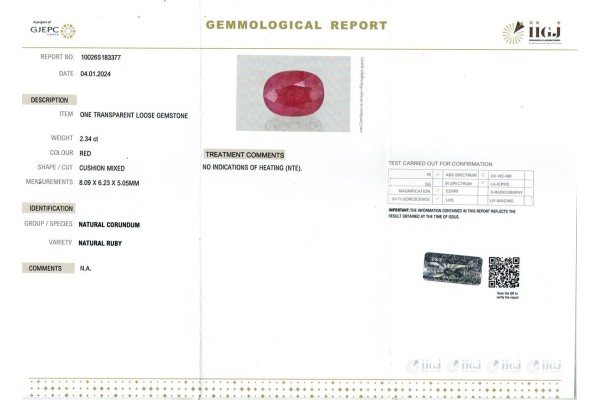 IIGJ Research & Laboratories | GJEPC Report for 2.34 cts Unheated Natural Ruby (Manikya)