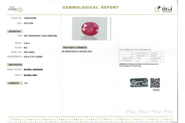 IIGJ Research & Laboratories | GJEPC Report for 2.36 cts Unheated Natural Ruby (Manikya)