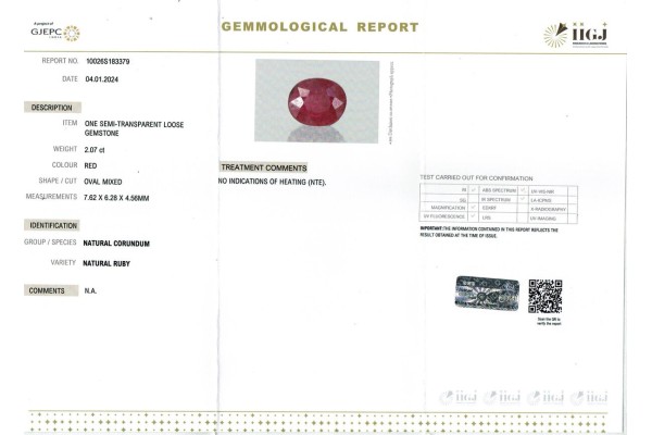 IIGJ Research & Laboratories | GJEPC Report for 2.07 cts Unheated Natural Ruby (Manikya)