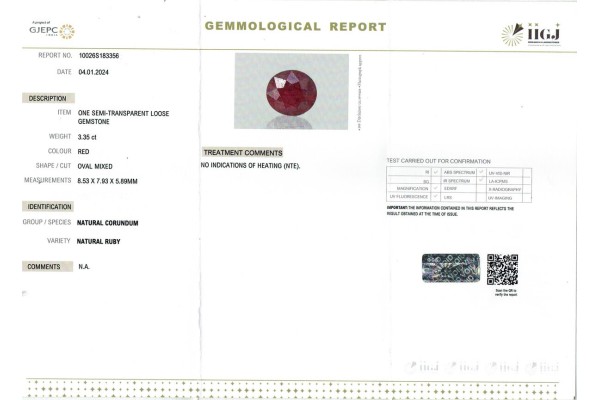 IIGJ Research & Laboratories | GJEPC Report for 3.35 cts Unheated Natural Ruby (Manikya)