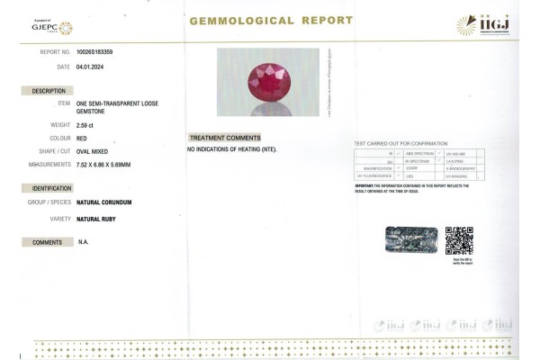 IIGJ Research & Laboratories | GJEPC Report for 2.59 cts Unheated Natural Ruby (Manikya)