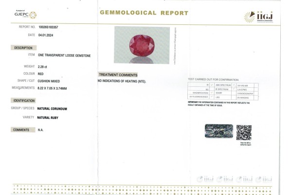 IIGJ Research & Laboratories | GJEPC Report for 2.28 cts Unheated Natural Ruby (Manikya)