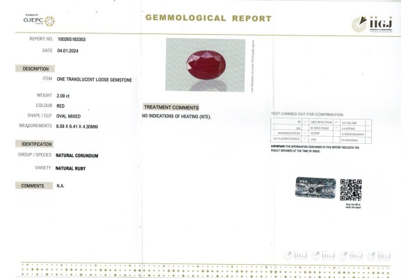 IIGJ Research & Laboratories | GJEPC Report for 2.09 cts Unheated Natural Ruby (Manikya)