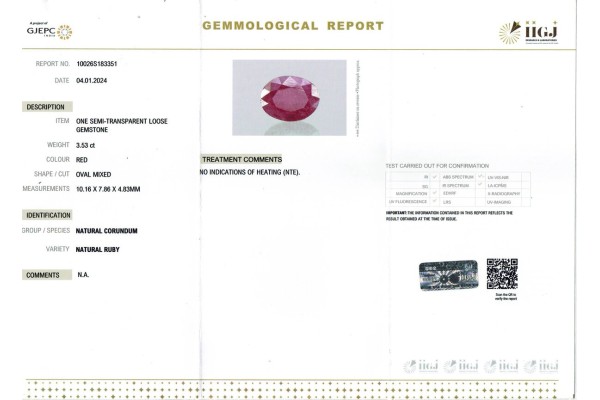 IIGJ Research & Laboratories | GJEPC Report for 3.53 cts Unheated Natural Ruby (Manikya)