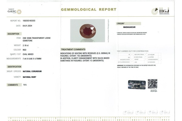 IIGJ Research & Laboratories | GJEPC Report for 2.18 cts Natural Ruby - Madagascar (Manikya)