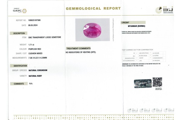 IIGJ Research & Laboratories | GJEPC Report for 1.71 cts Unheated Natural Ruby - Myanmar (Burma) (Manikya)
