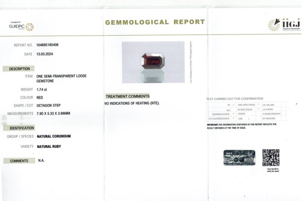 IIGJ Research & Laboratories | GJEPC Report for 1.74 cts Unheated Natural Ruby (Manikya)