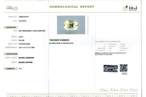 IIGJ Research & Laboratories | GJEPC Report for 4.08 cts Unheated Natural Yellow Sapphire (Pukhraj)