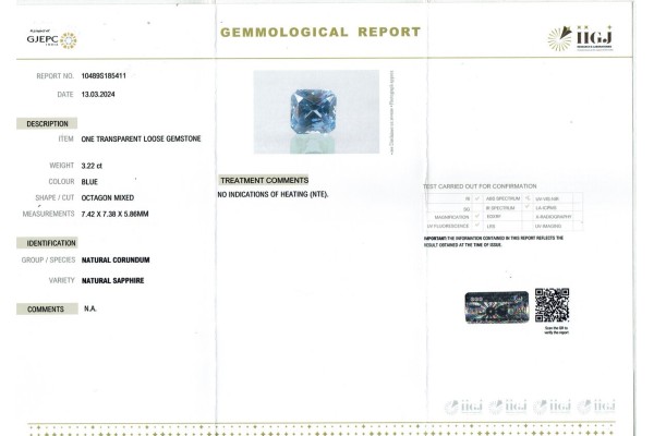 IIGJ Research & Laboratories | GJEPC Report for 3.22 cts Unheated Natural Blue Sapphire (Neelam)