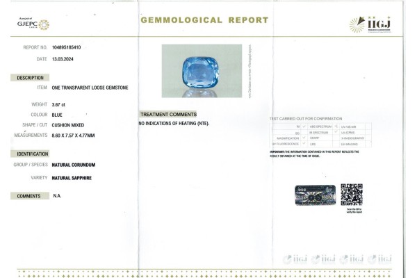 IIGJ Research & Laboratories | GJEPC Report for 3.67 cts Unheated Natural Blue Sapphire (Neelam)