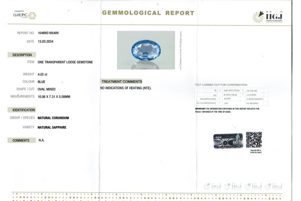 IIGJ Research & Laboratories | GJEPC Report for 4.02 cts Unheated Natural Blue Sapphire (Neelam)