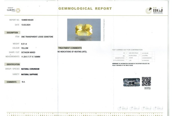 IIGJ Research & Laboratories | GJEPC Report for 6.51 cts Unheated Natural Yellow Sapphire (Pukhraj)
