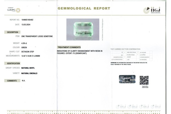IIGJ Research & Laboratories | GJEPC Report for 4.39 cts Natural Emerald (Panna)
