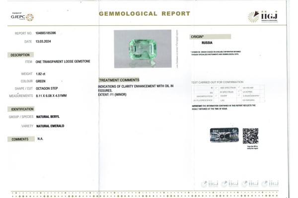 IIGJ Research & Laboratories | GJEPC Report for 1.82 cts Natural Emerald - Russia (Panna)