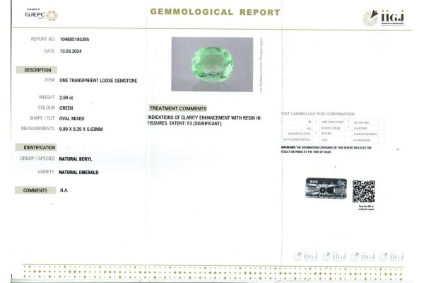 IIGJ Research & Laboratories | GJEPC Report for 2.94 cts Natural Emerald (Panna)