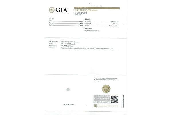 Gemological Institute of America Report for 2.65 cts Natural Pearl (Moti)