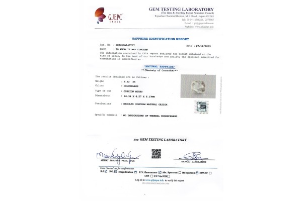 Gem Testing Laboratory | GJEPC Report for 5.22 cts Unheated Natural White Sapphire (White Pukhraj)